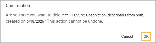 Confirmation dialog asking to delete T-TESS v2 Observation, with options to cancel or proceed.